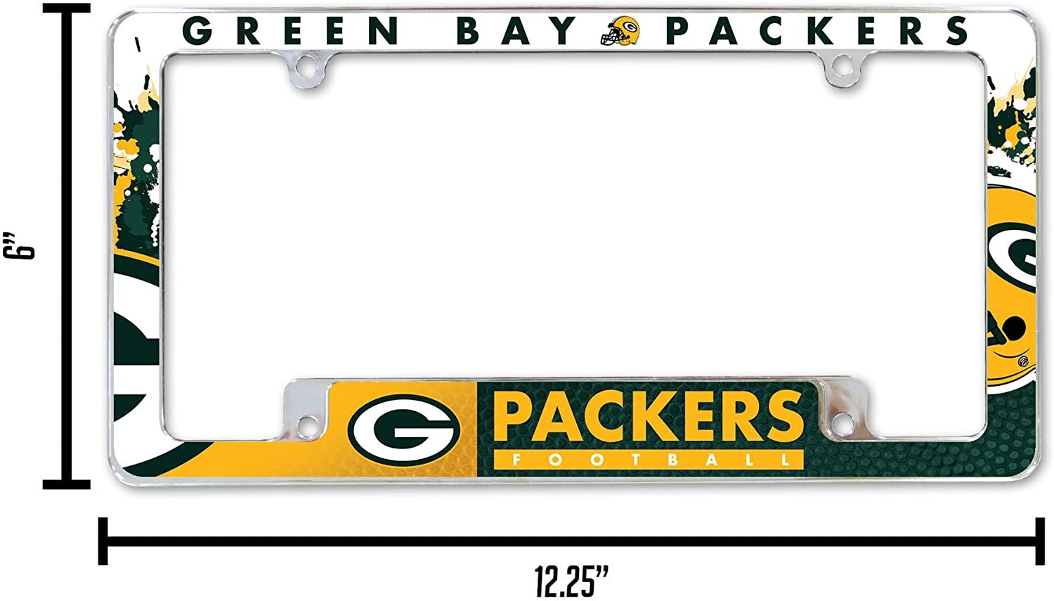 Green Bay Packers Metal License Plate Frame Chrome Tag Cover All Over Design 6x12 Inch