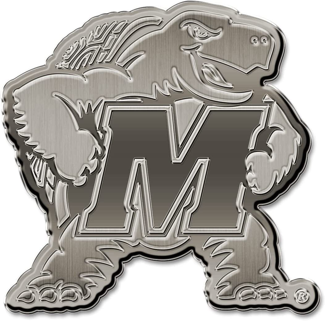 University of Maryland Terrapins Premium Solid Metal Raised Auto Emblem, Antique Nickel Finish, Shape Cut, Adhesive Backing