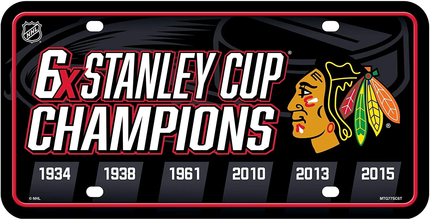 Chicago Blackhawks Metal Auto Tag License Plate, 6-Time Stanley Cup Champions, 6x12 Inch