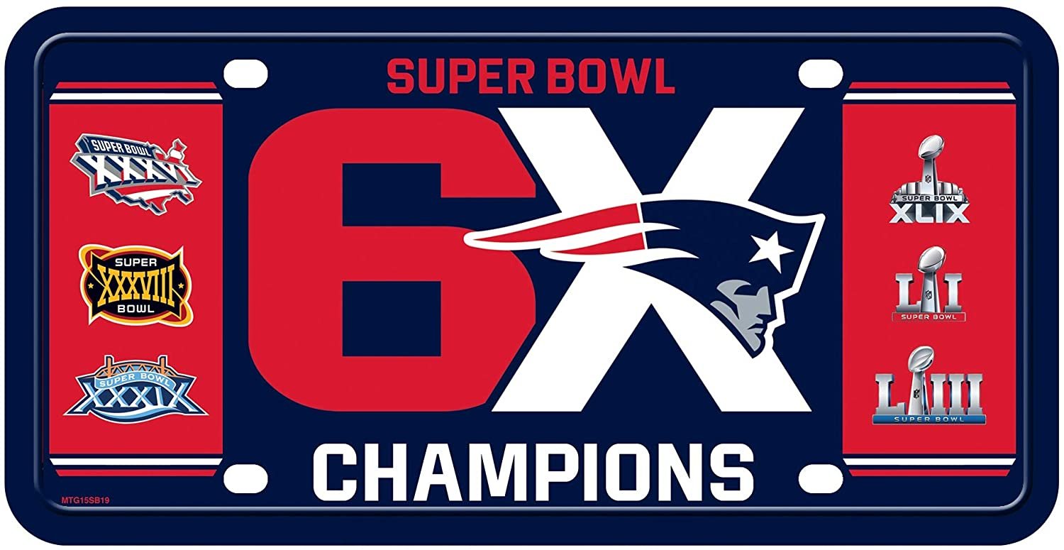New England Patriots Metal Auto Tag License Plate, 6-Time Super Bowl Champions, 6x12 Inch