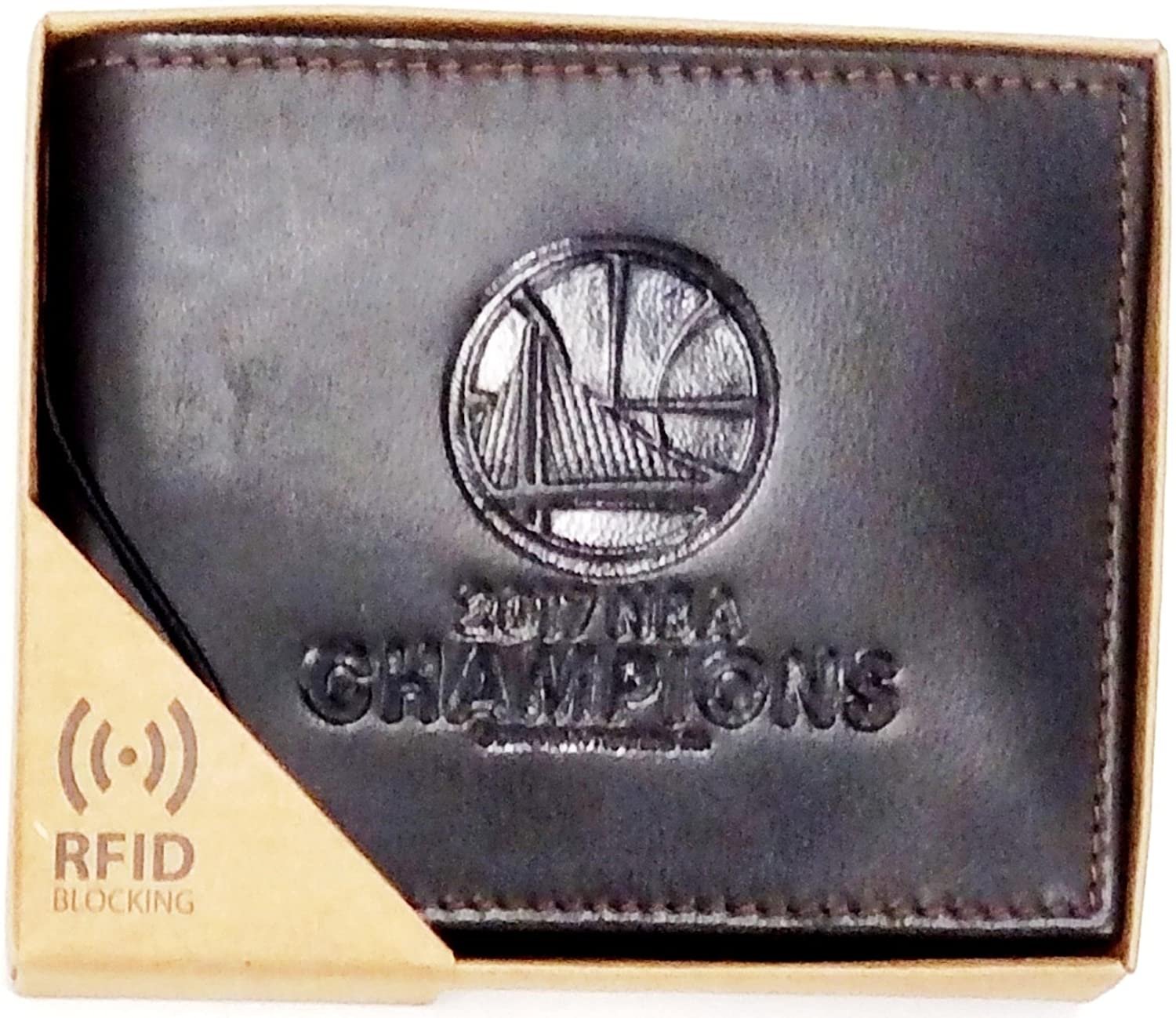 Golden State Warriors 2017 Champions Wallet Premium RFID Shield Blocking Dark Brown Leather Trifold Embossed Basketball