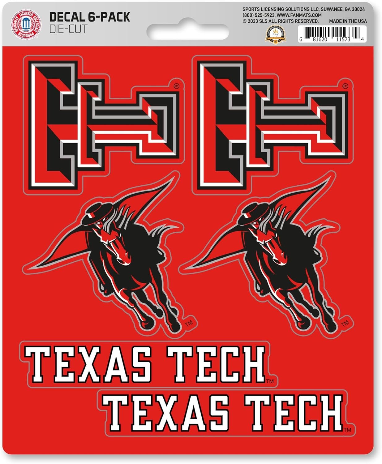 Texas Tech University Red Raiders 6-Piece Decal Sticker Set, 5x6 Inch Sheet, Gift for football fans for any hard surfaces around home, automotive, personal items