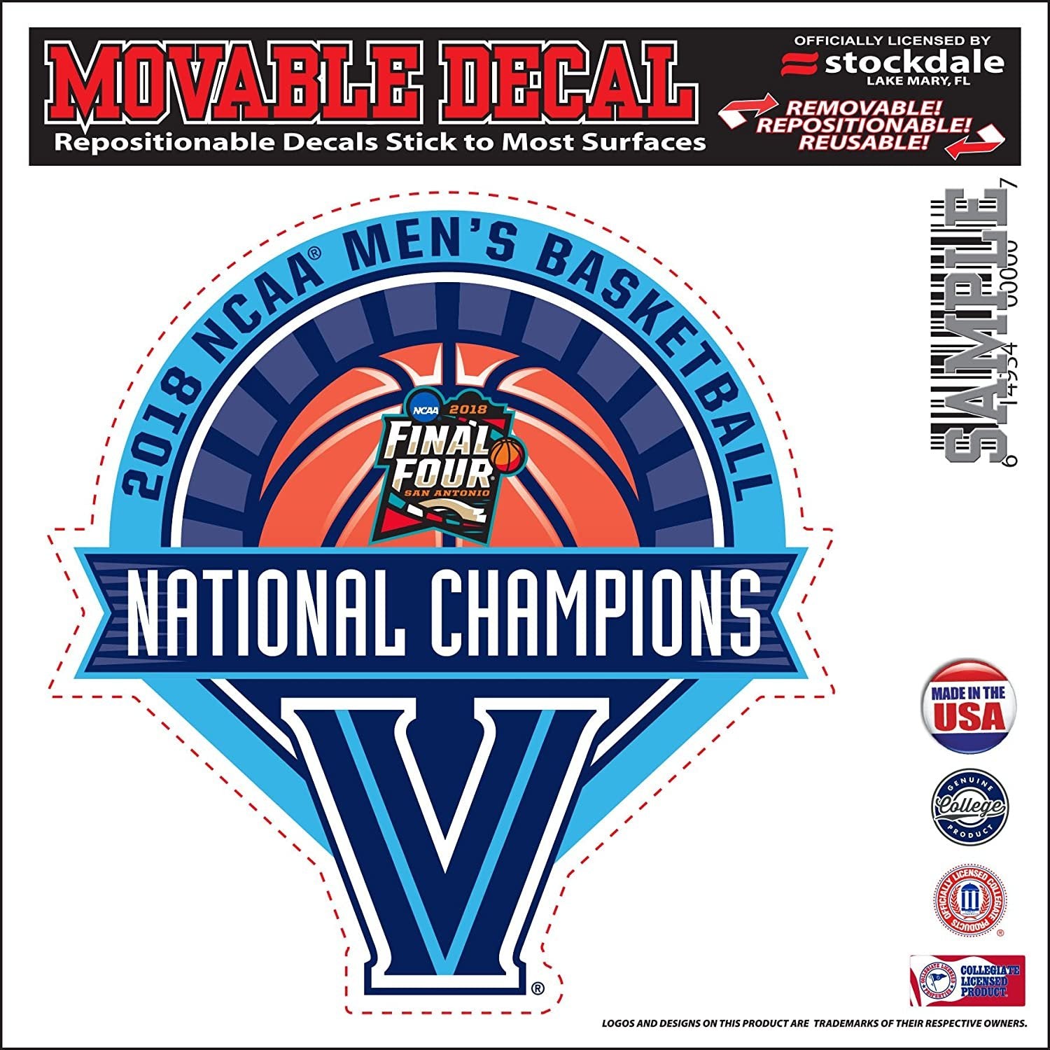 Villanova University Wildcats 2018 Champions 4.5 Inch Sticker Decal Flat Vinyl Adhesive Backing Auto Home