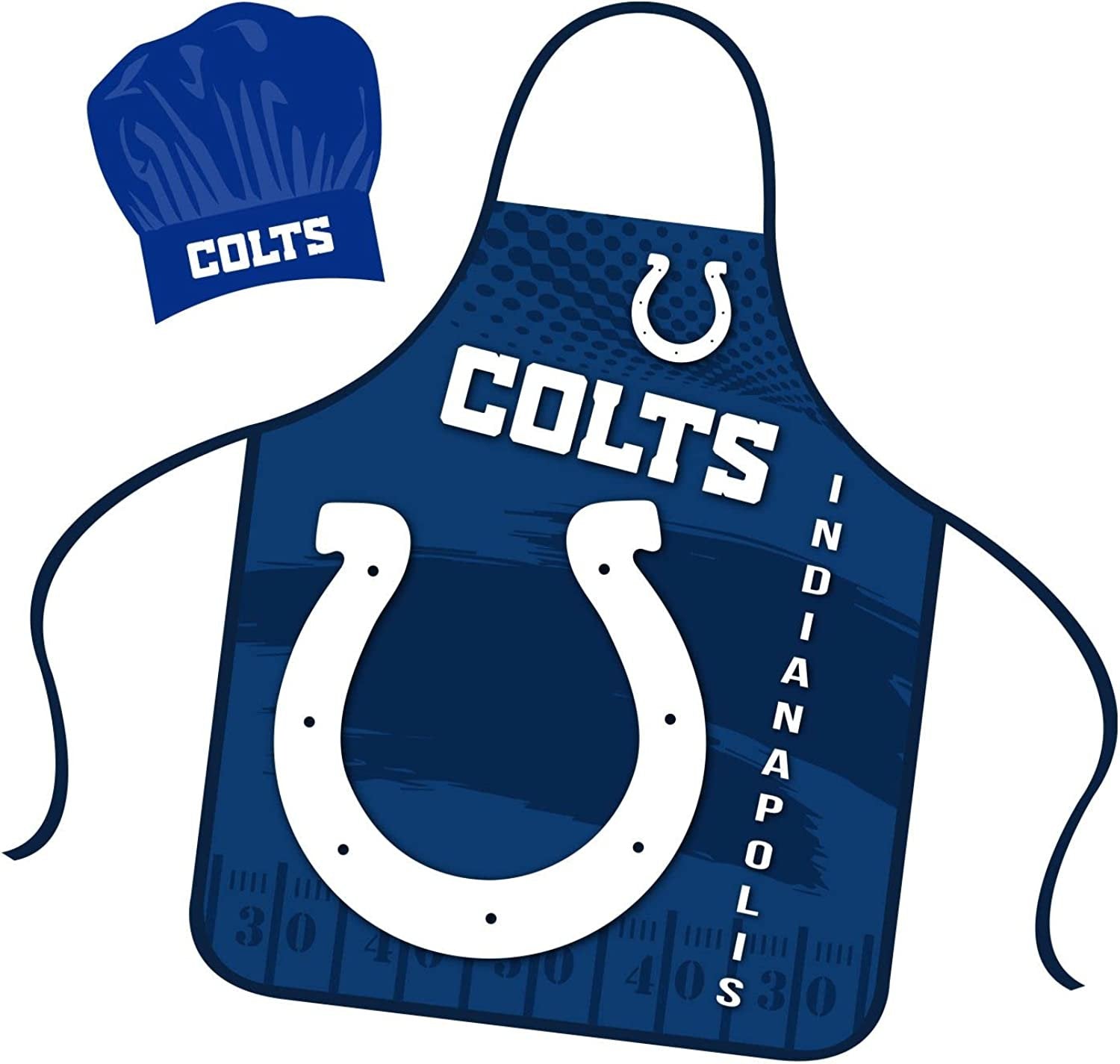 Indianapolis Colts Apron Chef Hat Set Full Color Universal Size Tie Back Grilling Tailgate BBQ Cooking Host