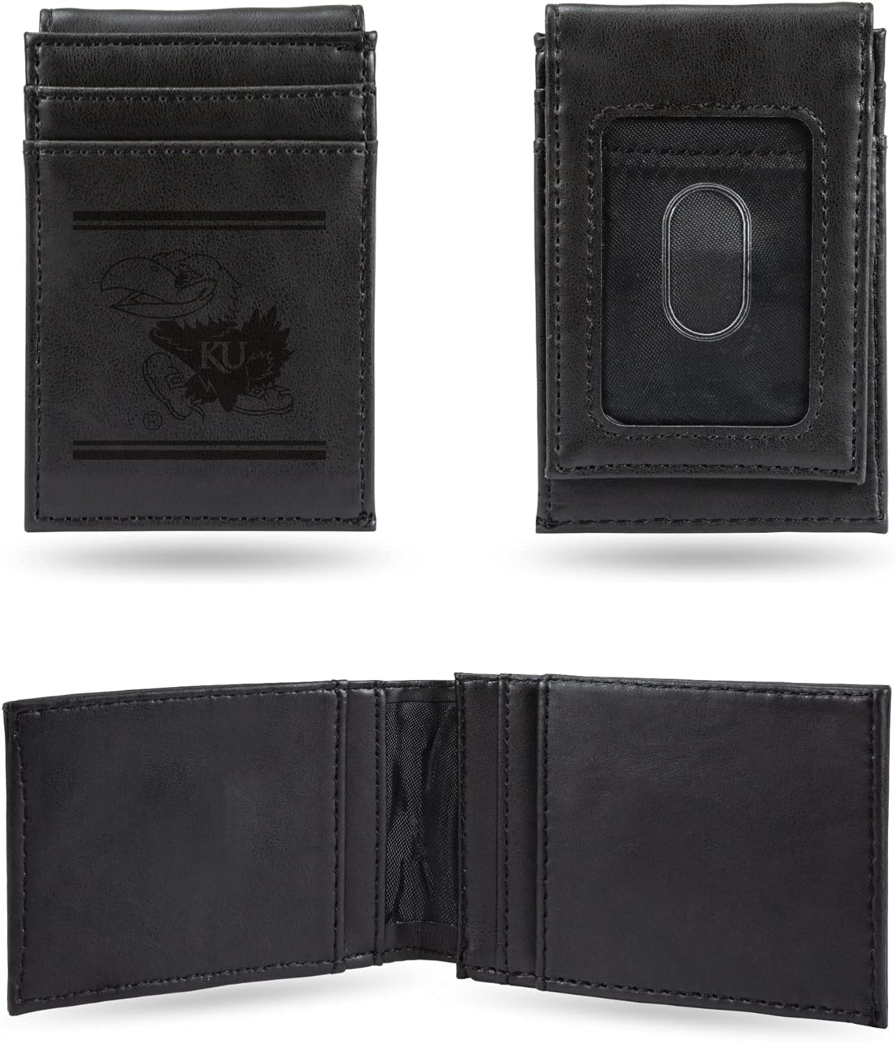 University of Kansas Jayhawks Premium Black Leather Wallet, Front Pocket Magnetic Money Clip, Laser Engraved, Vegan
