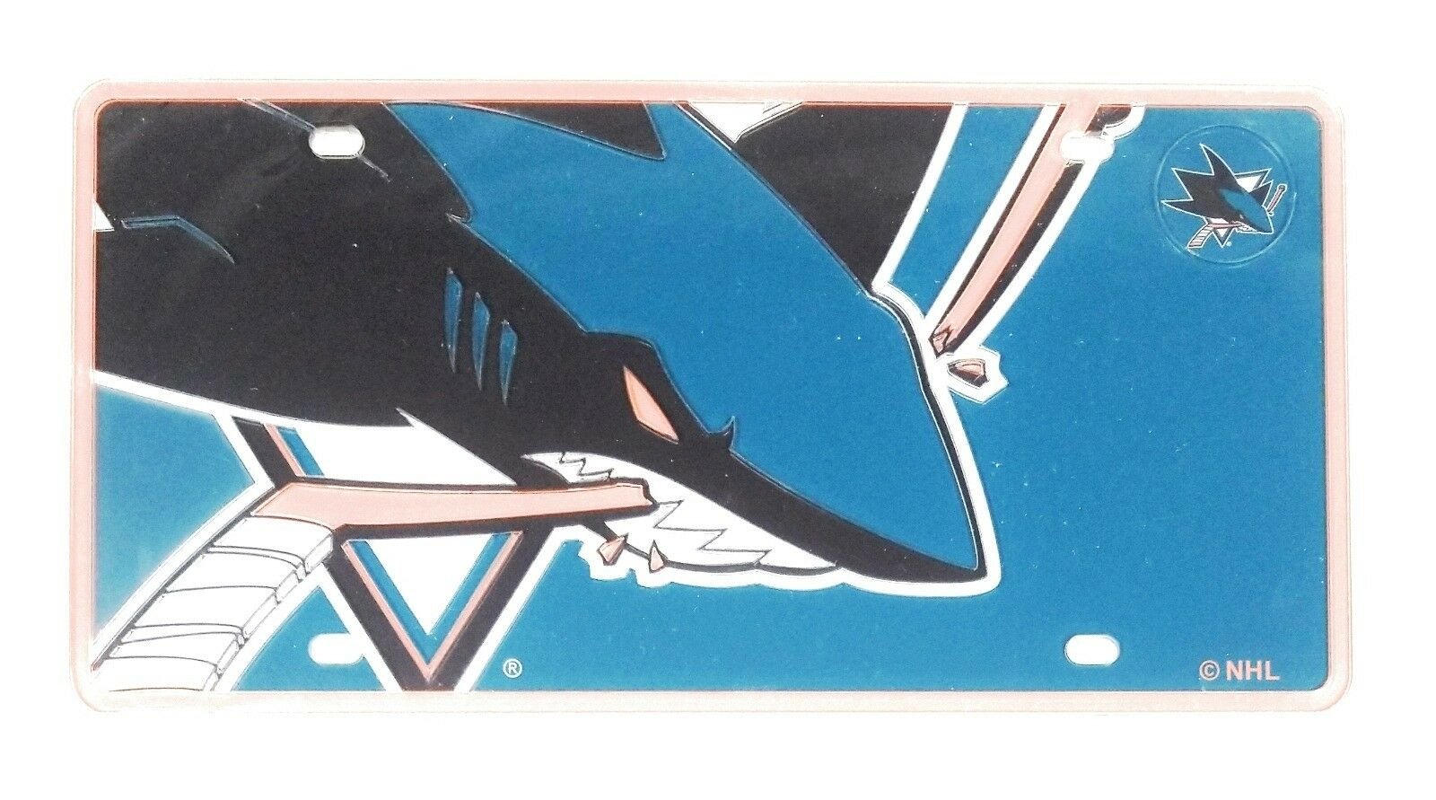 San Jose Sharks Premium Laser Cut Tag License Plate, Mega Logo, Mirrored Inlaid Acrylic, 12x6 Inch