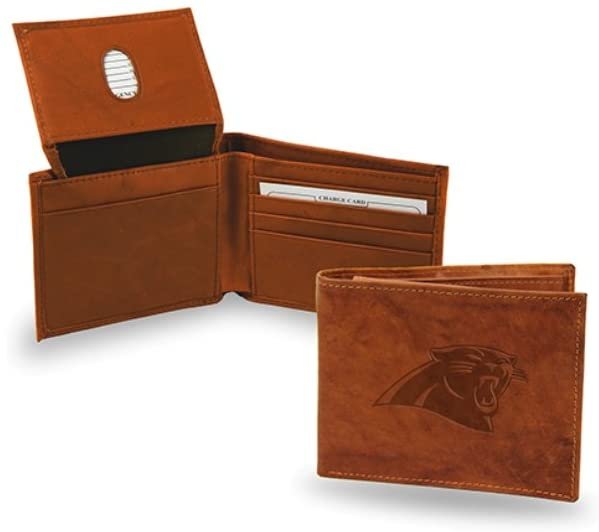 Carolina Panthers Premium Brown Leather Wallet, Bifold Billfold, Embossed Laser Engraved