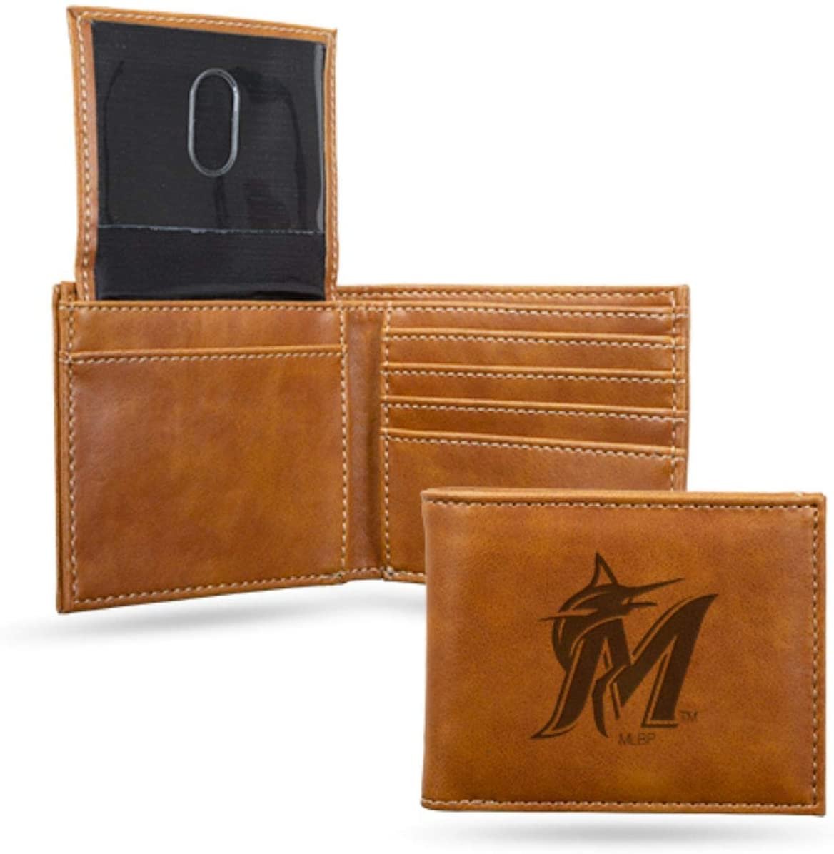 Miami Marlins Premium Brown Leather Wallet, Bifold Billfold, Embossed Laser Engraved