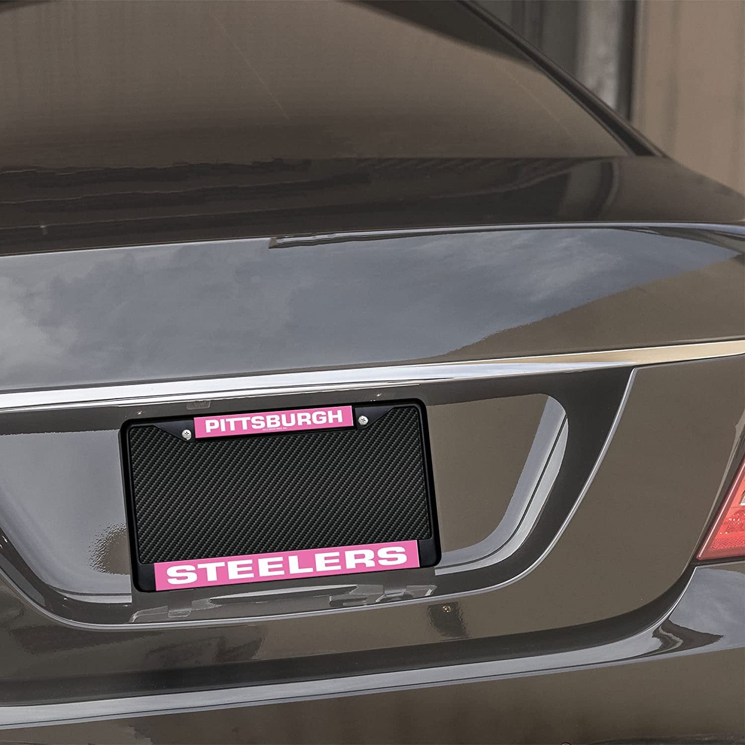 Pittsburgh Steelers Black Metal License Plate Frame Chrome Tag Cover Pink Inserts 6x12 Inch