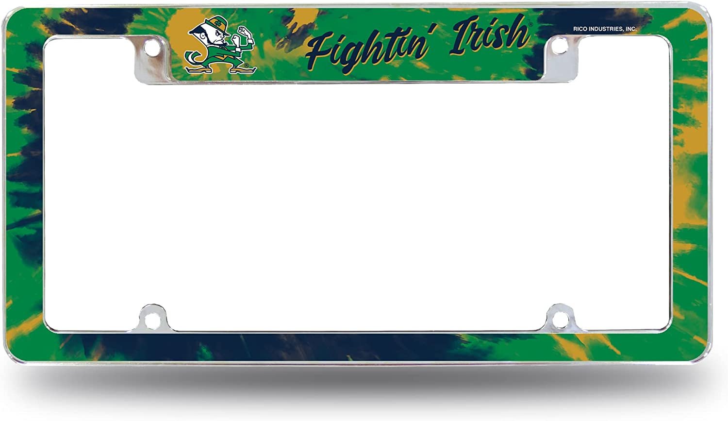 University of Notre Dame Fighting Irish Metal License Plate Frame Chrome Tag Cover Tie Dye Design 6x12 Inch