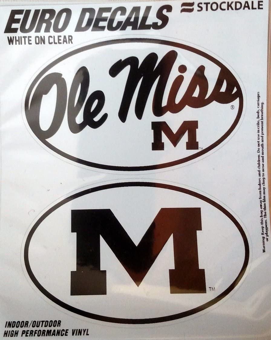 University of Mississippi Rebels Ole Miss 2-Piece White and Clear Euro Decal Sticker Set, 4x2.5 Inch Each