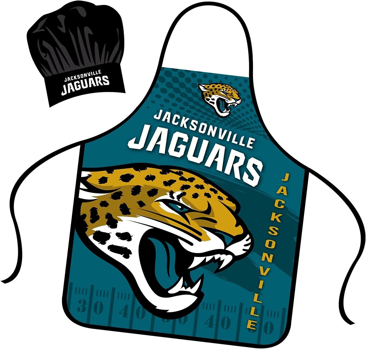 Jacksonville Jaguars Apron Chef Hat Set Full Color Universal Size Tie Back Grilling Tailgate BBQ Cooking Host