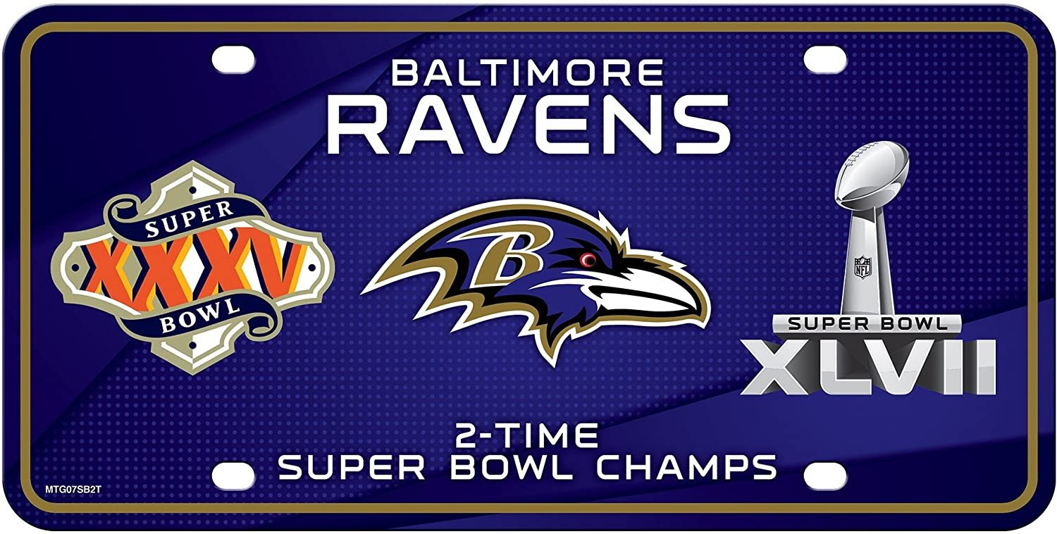 Baltimore Ravens Metal Auto Tag License Plate, 2-Time Super Bowl Champions, 6x12 Inch