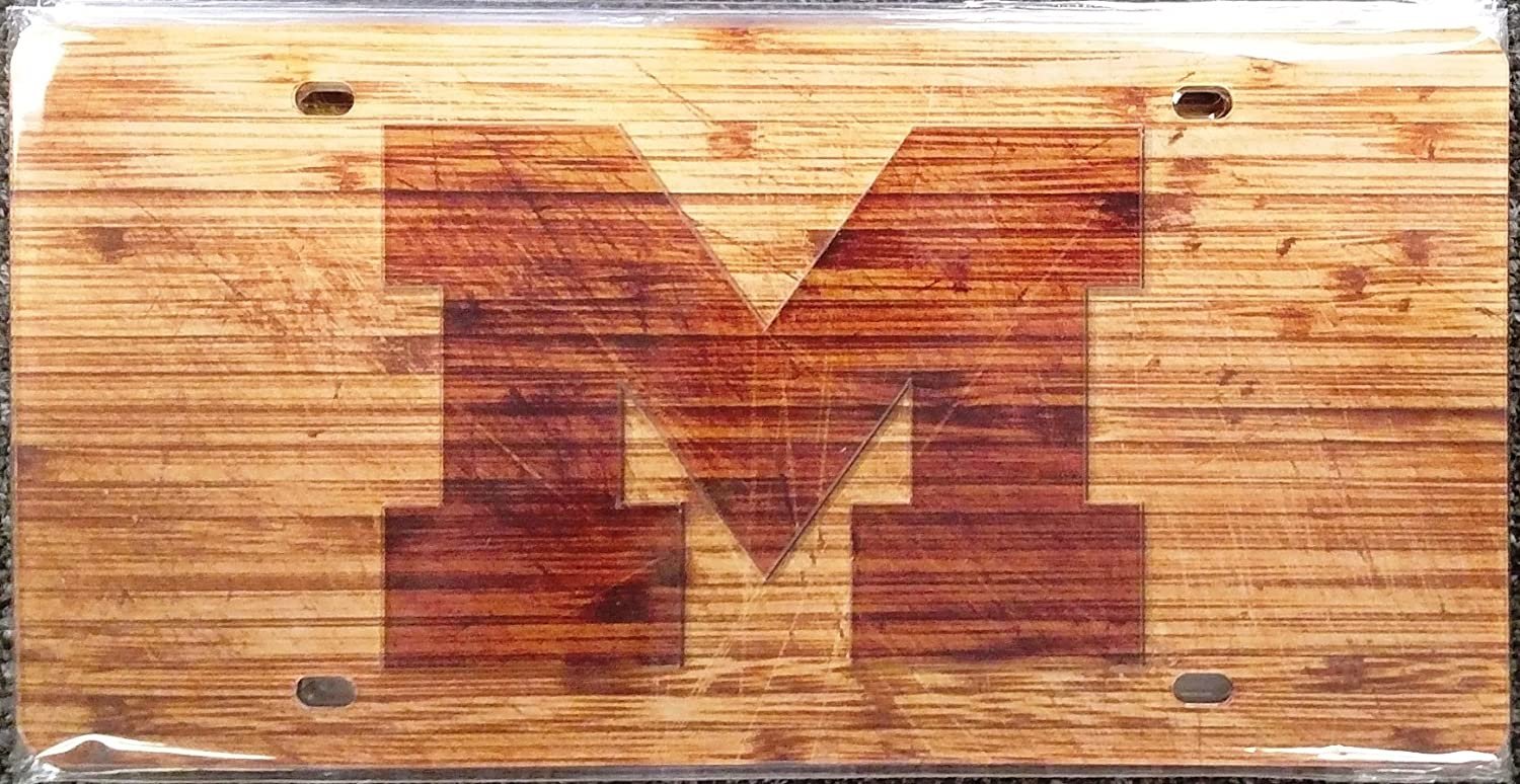 University of Michigan Wolverines Premium Laser Cut Tag License Plate, Woodgrain Design, Mirrored Acrylic Inlaid, 6x12 Inch