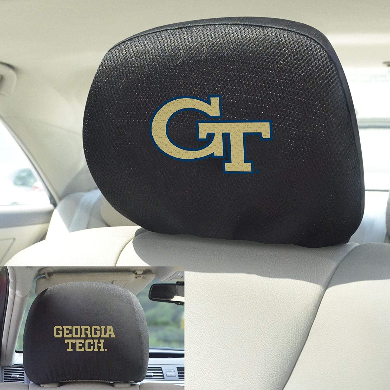 Georgia Tech Yellow Jackets Pair of Premium Auto Head Rest Covers, Embroidered, Black Elastic, 14x10 Inch