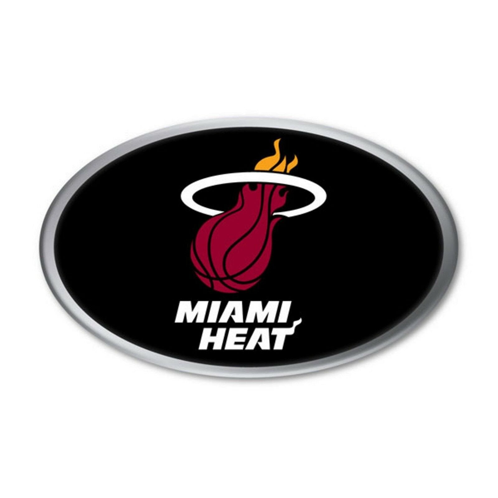 Miami Heat Premium Aluminum Metal Auto Emblem, Raised 3D Effect, Oval Shape, Full Adhesive Backing