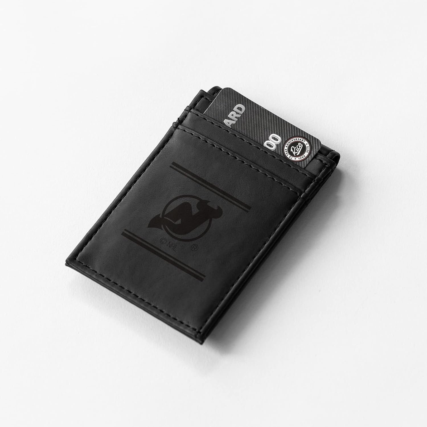 New Jersey Devils Premium Black Leather Wallet, Front Pocket Magnetic Money Clip, Laser Engraved, Vegan