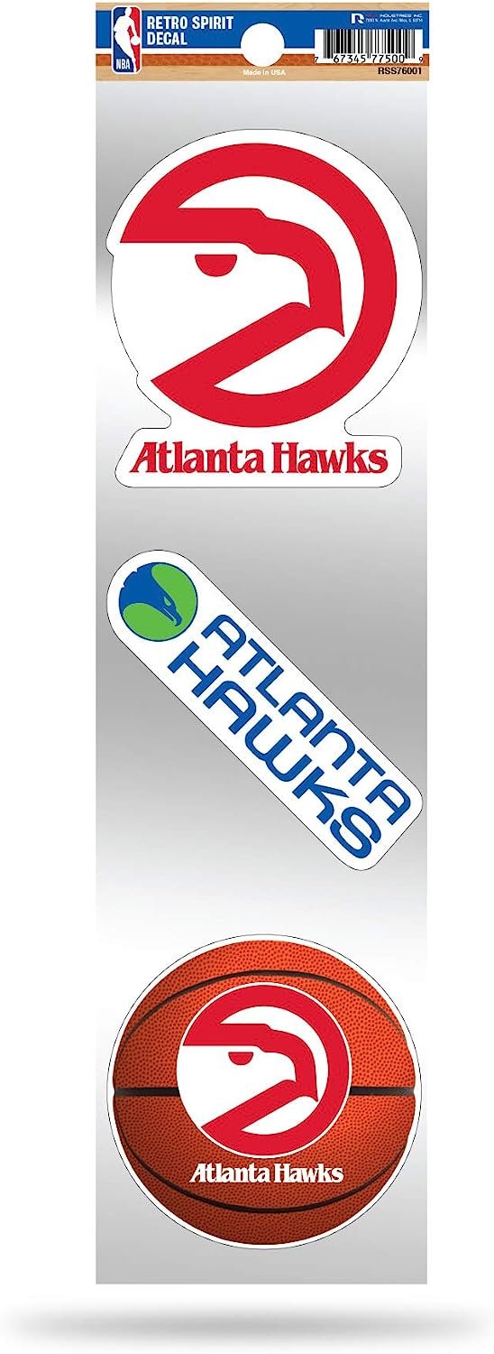 Atlanta Hawks 3-Piece Retro Decal Sticker Sheet, Die Cut, Clear Backing, 3x12 Inch