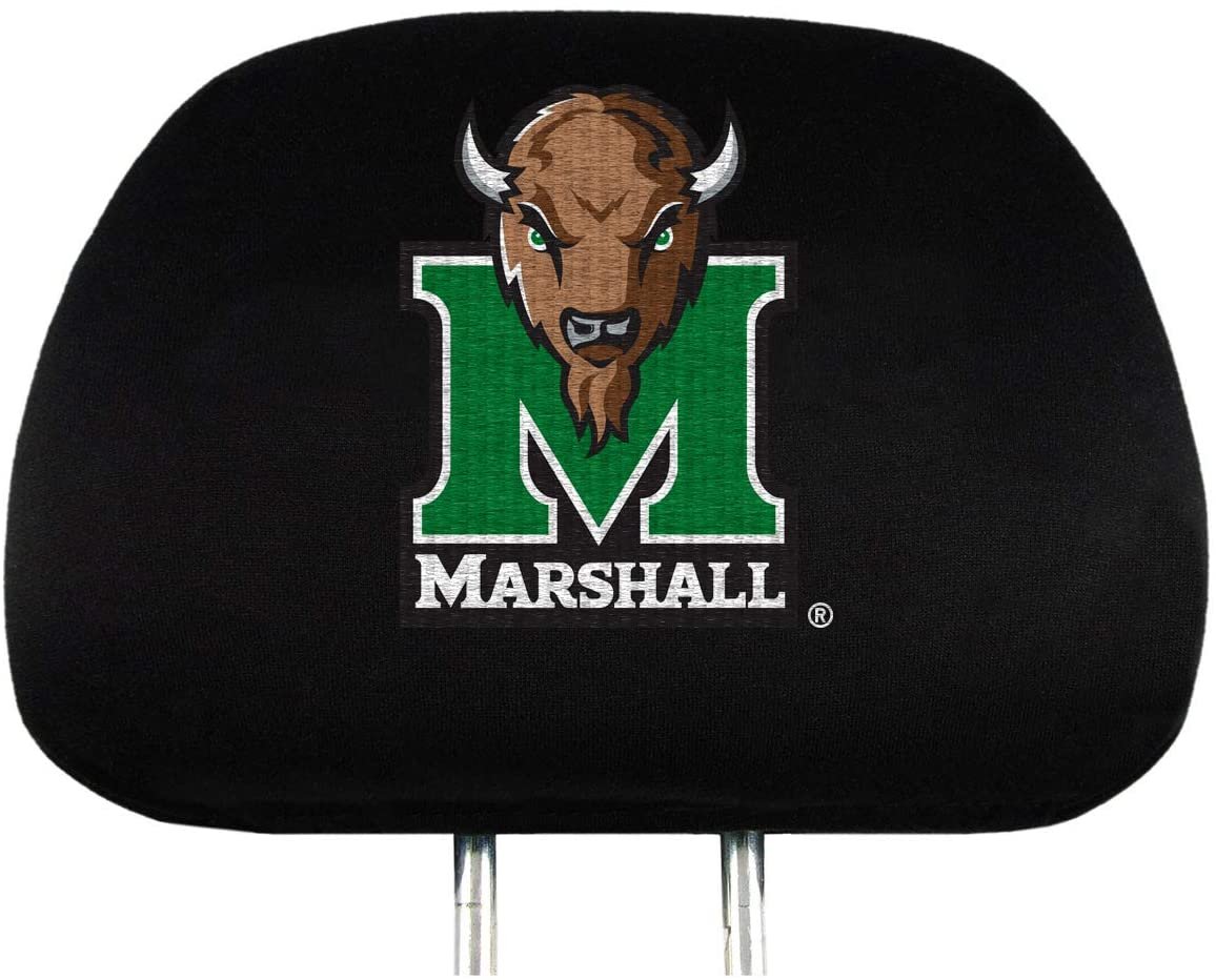 Marshall University Thundering Herd Pair of Premium Auto Head Rest Covers, Embroidered, Black Elastic, 14x10 Inch