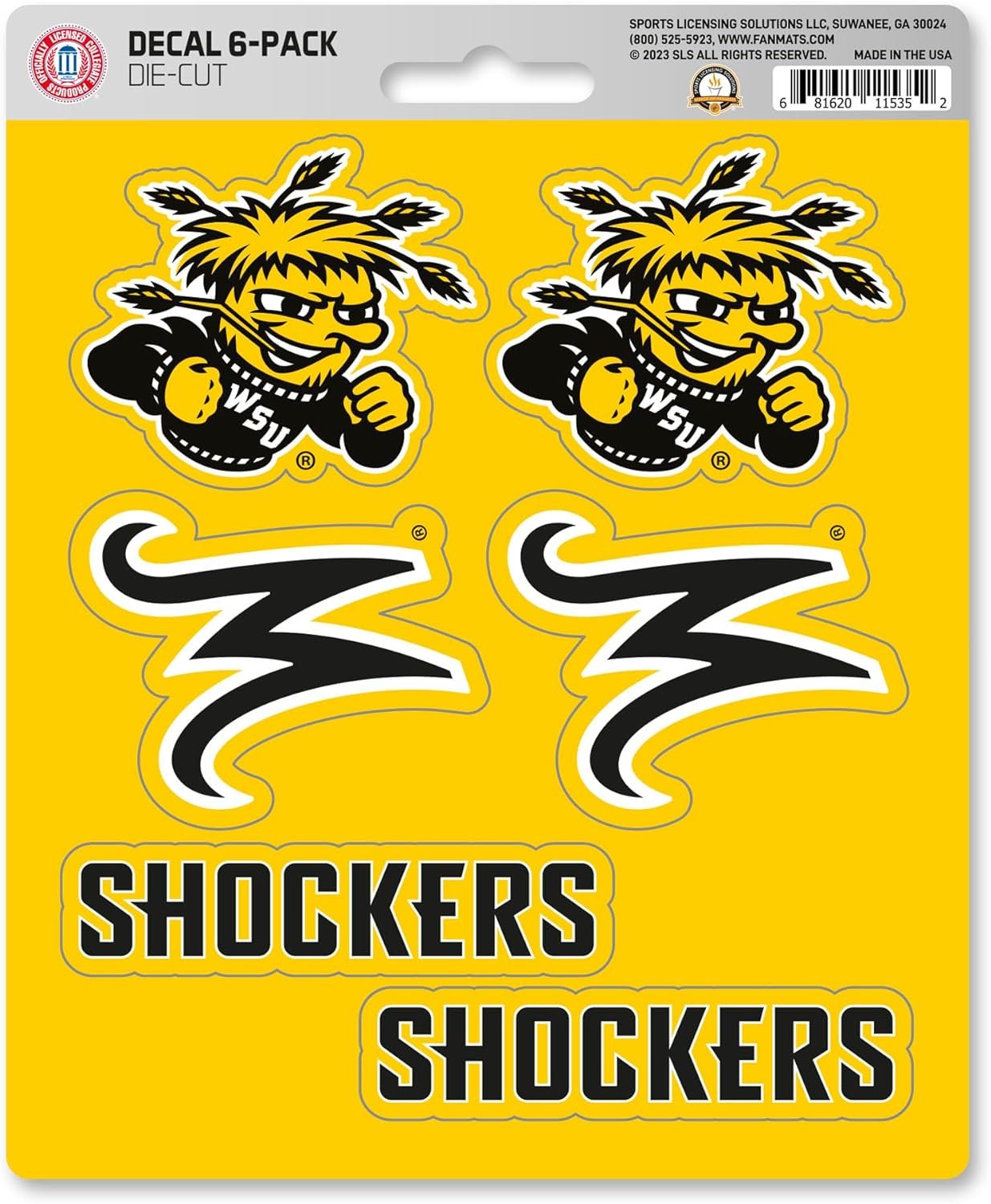 Wichita State University Shockers 6-Piece Decal Sticker Set, 5x6 Inch Sheet, Gift for football fans for any hard surfaces around home, automotive, personal items