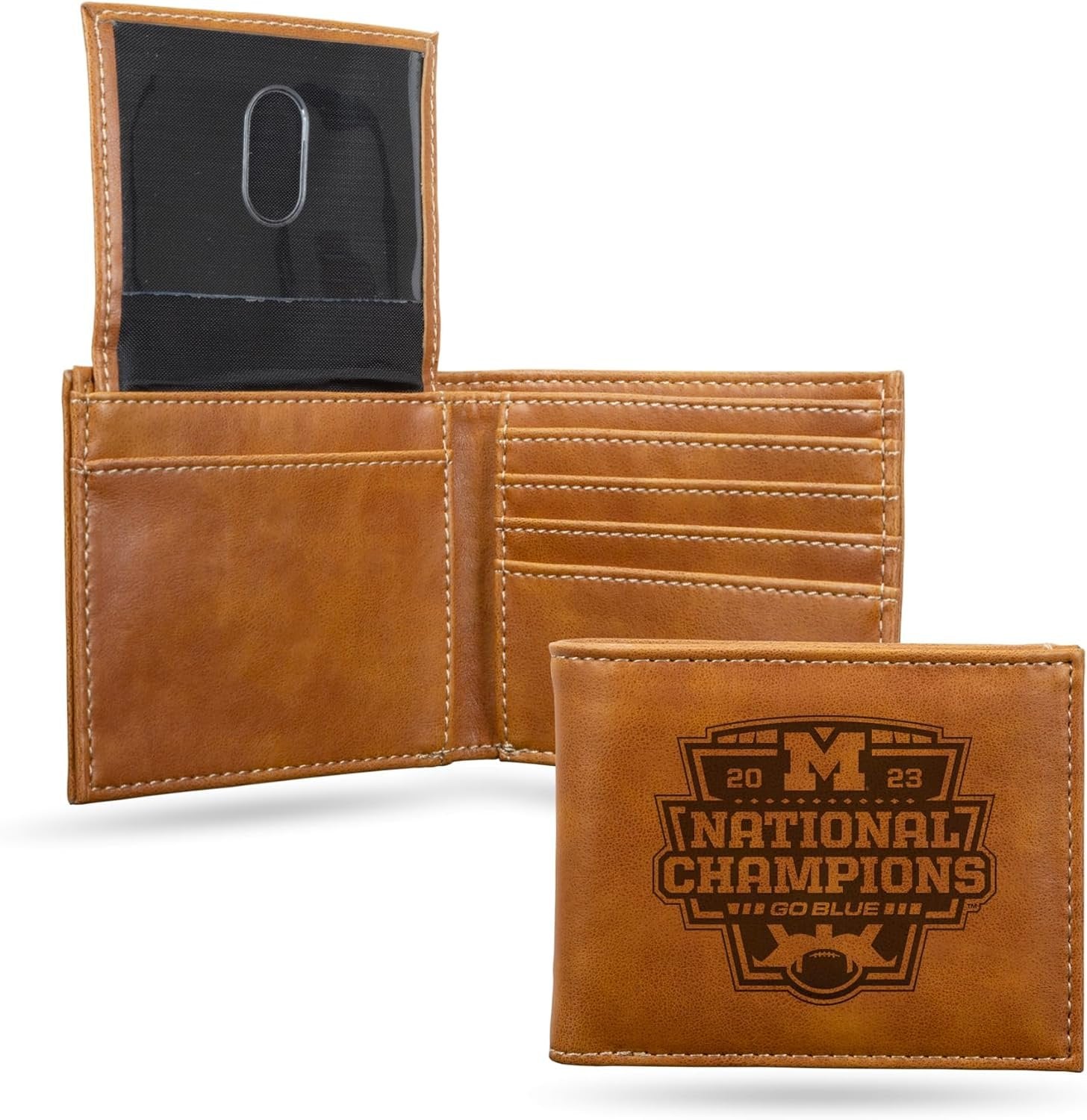 University of Michigan Wolverines 2024 Champions Premium Brown Leather Wallet, Bifold, Billfold, Embossed Laser Engraved