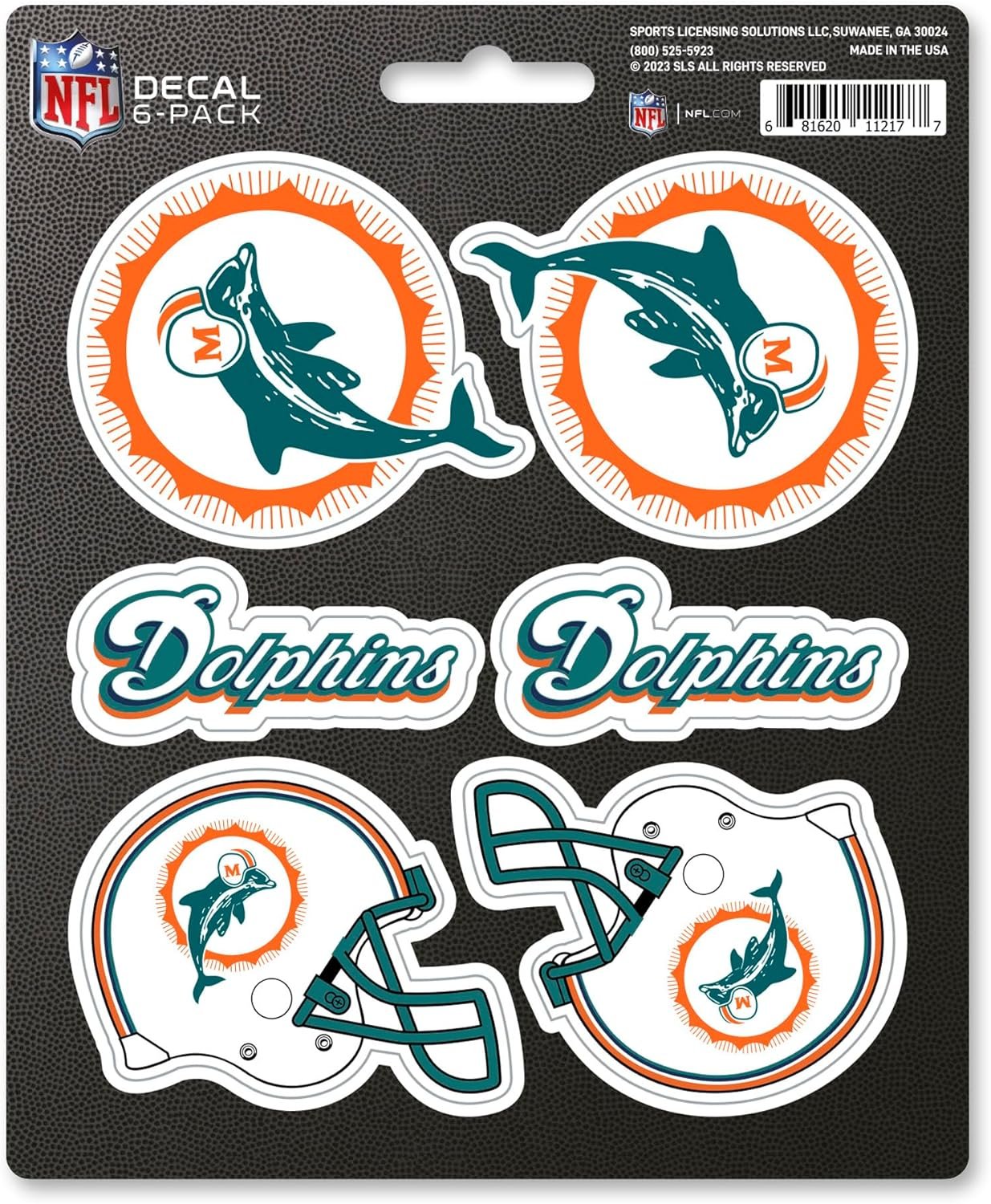 Miami Dolphins 6-Piece Decal Sticker Set, Vintage Retro Logo, 5x6 Inch Sheet, Gift for football fans for any hard surfaces around home, automotive, personal items
