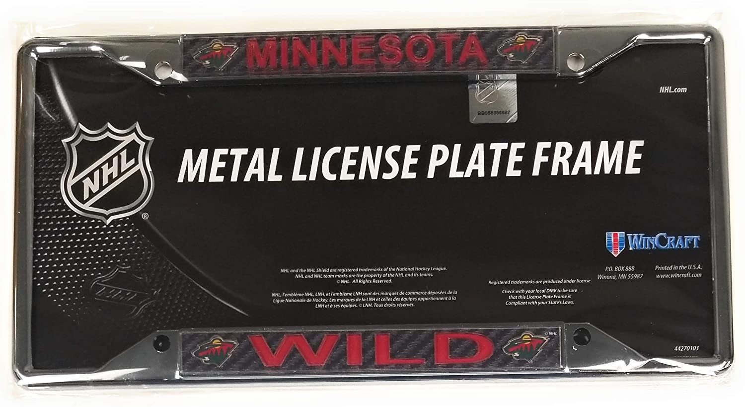 Minnesota Wild Metal License Plate Frame Chrome Tag Cover, Laser Acrylic Mirrored Inserts, Carbon Fiber Design, 12x6 Inch