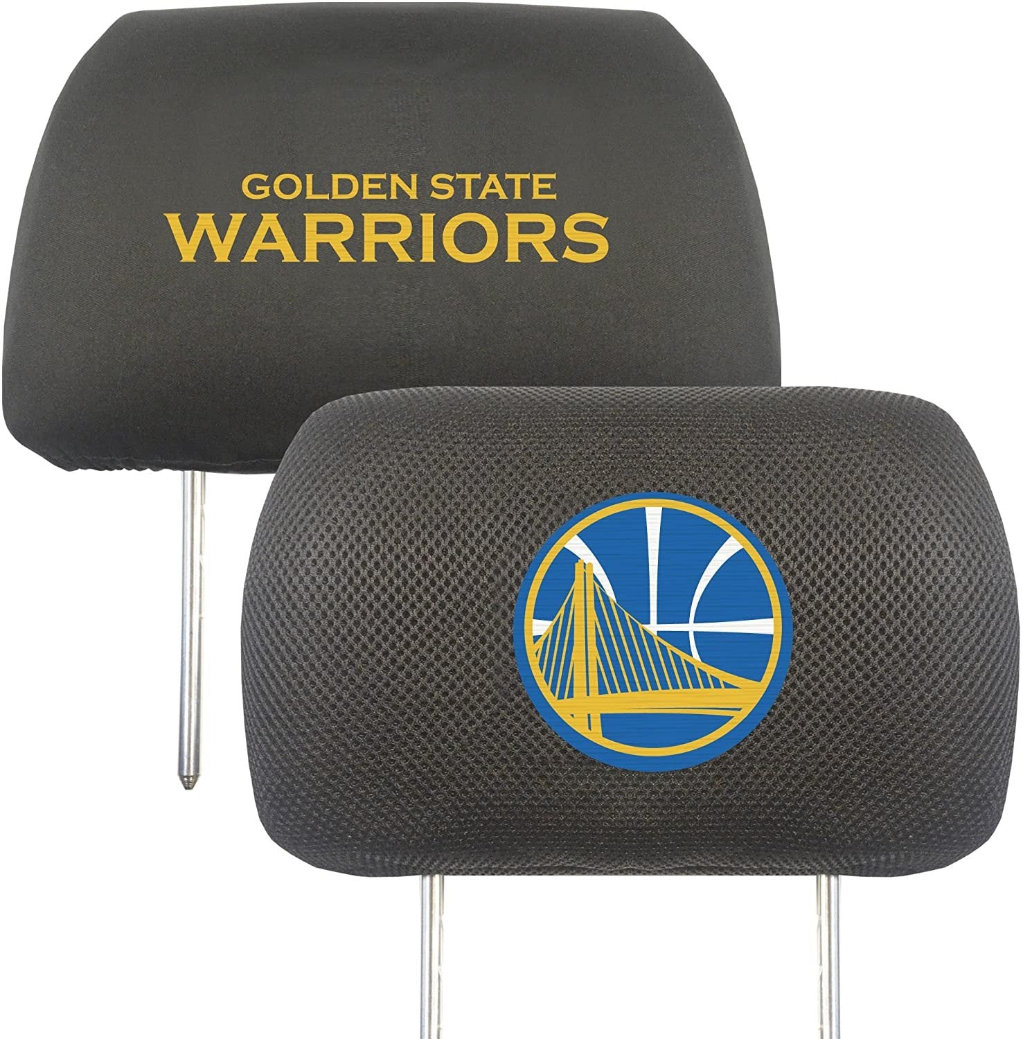 Golden State Warriors Pair of Premium Auto Head Rest Covers, Embroidered, Black Elastic, 14x10 Inch