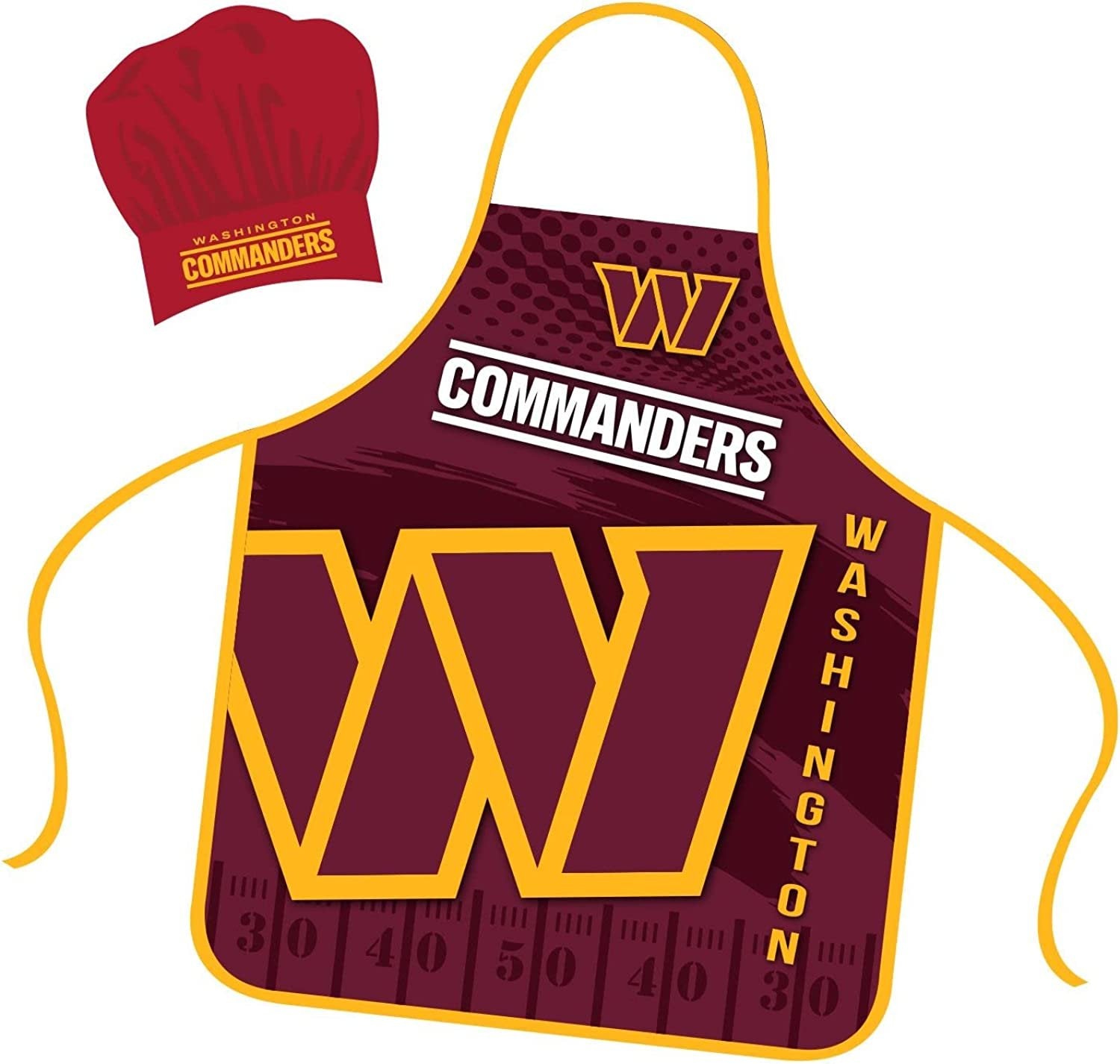 Washington Commanders Apron Chef Hat Set Full Color Universal Size Tie Back Grilling Tailgate BBQ Cooking Host