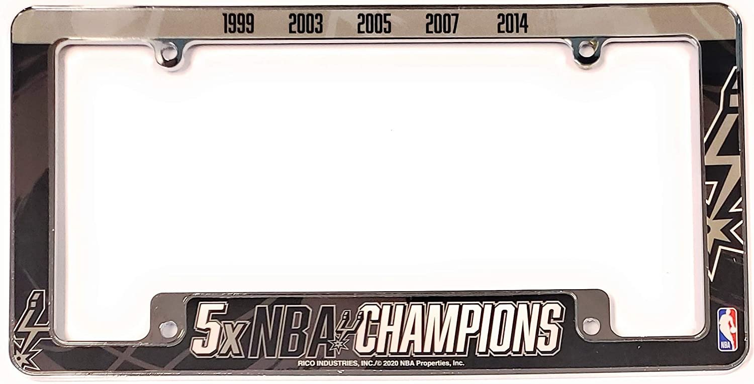 San Antonio Spurs 5X Time Champions Metal License Plate Frame Chrome Tag Cover, All Over Design, 6x12 Inch