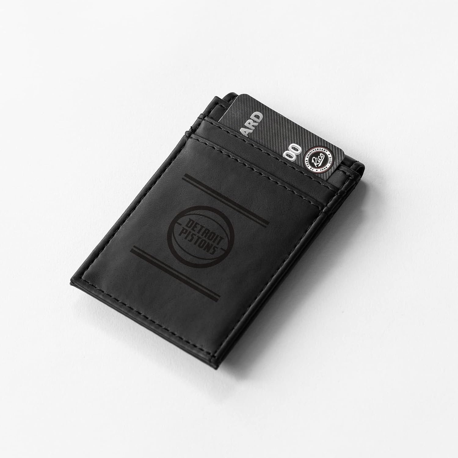 Detroit Pistons Premium Black Leather Wallet, Front Pocket Magnetic Money Clip, Laser Engraved, Vegan