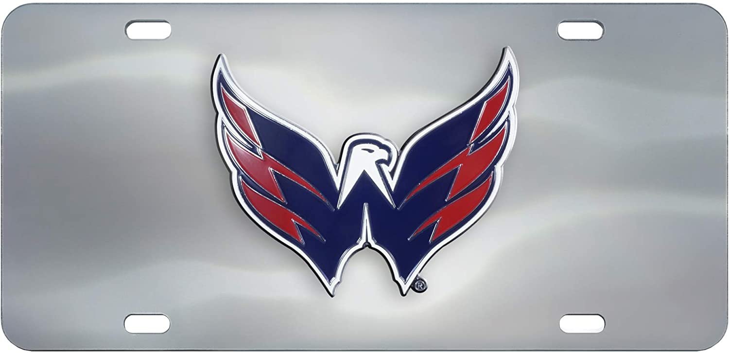Washington Capitals License Plate Tag, Premium Stainless Steel Diecast, Chrome, Raised Solid Metal Color Emblem, 6x12 Inch