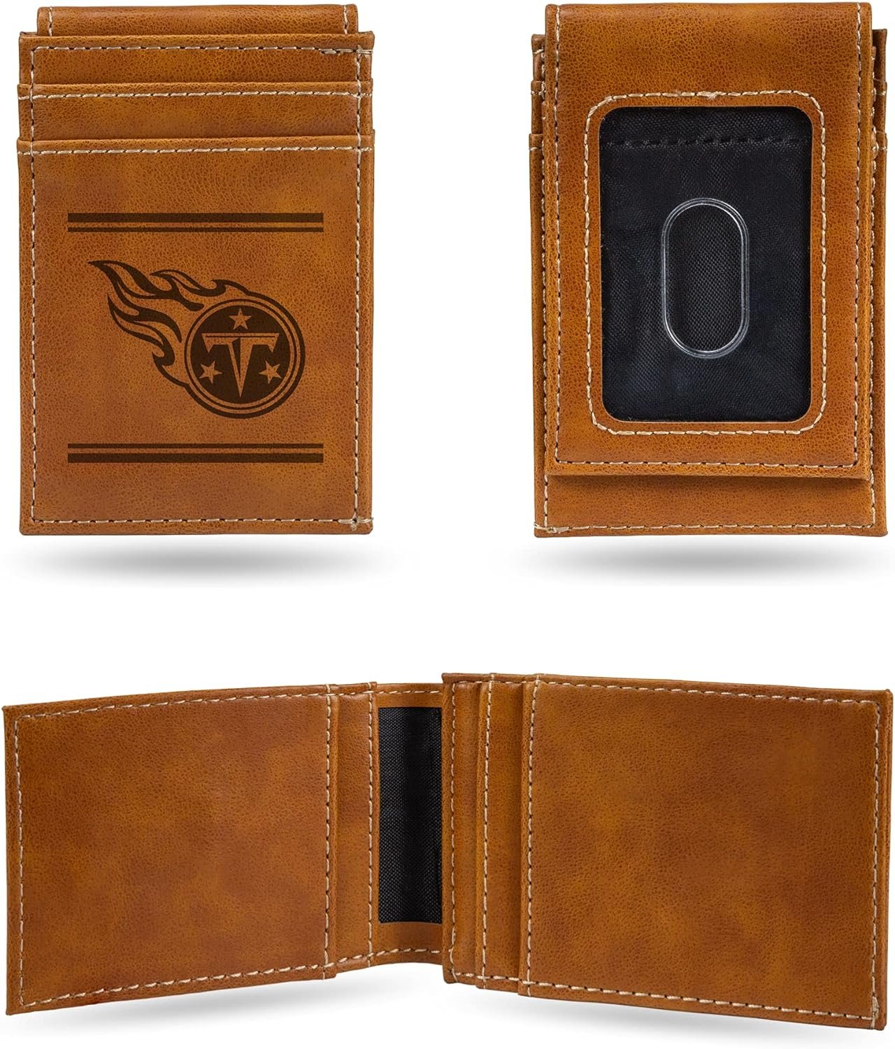 Tennessee Titans Premium Brown Leather Wallet, Front Pocket Magnetic Money Clip, Laser Engraved, Vegan