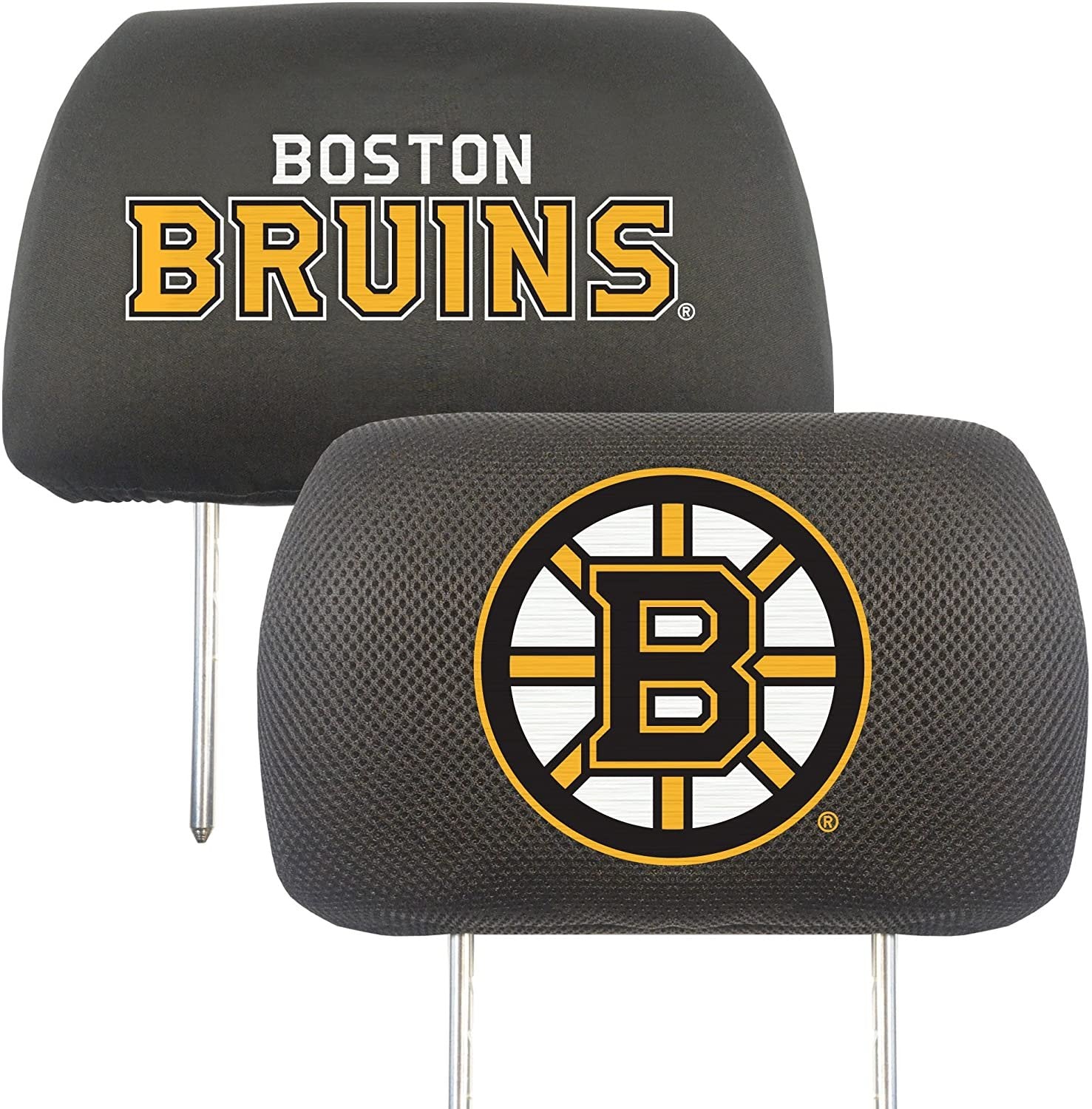 Boston Bruins Pair of Premium Auto Head Rest Covers, Embroidered, Black Elastic, 14x10 Inch