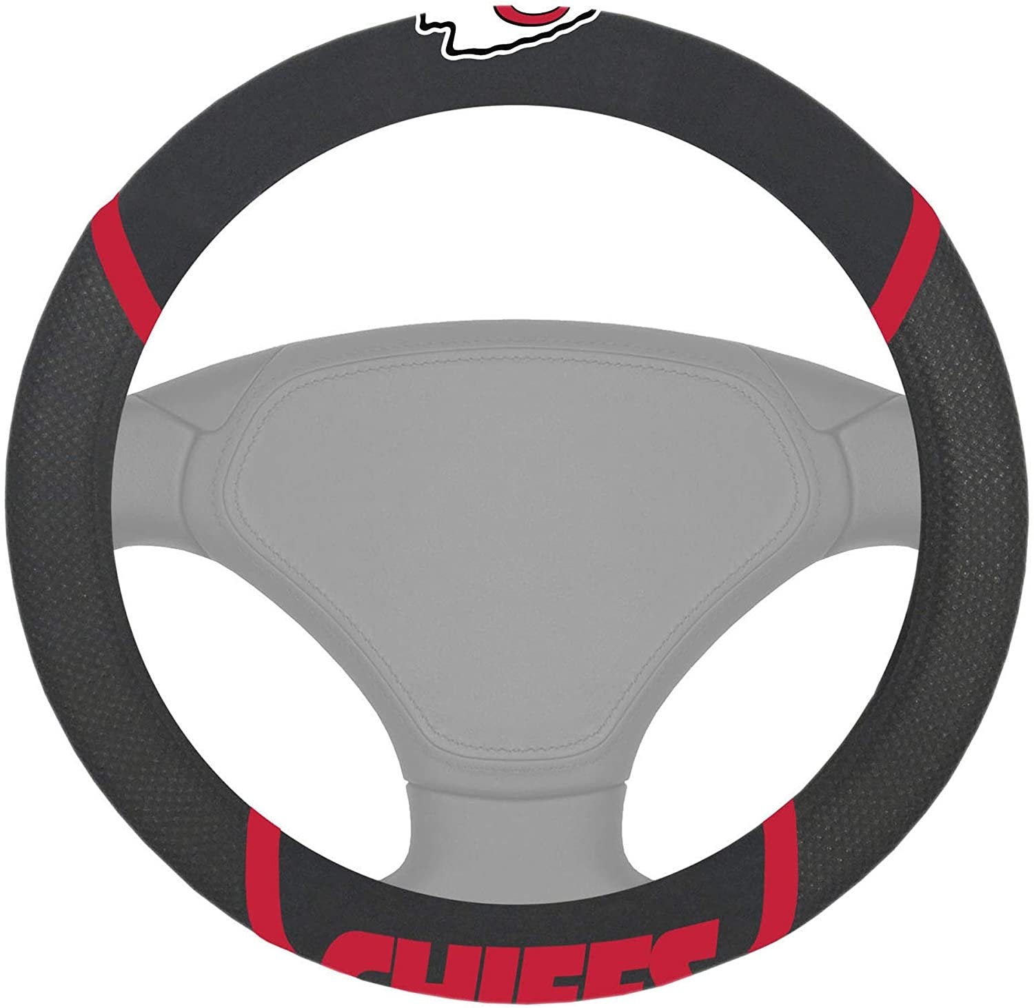 Kansas City Chiefs Steering Wheel Cover Premium Embroidered Black 15 Inch