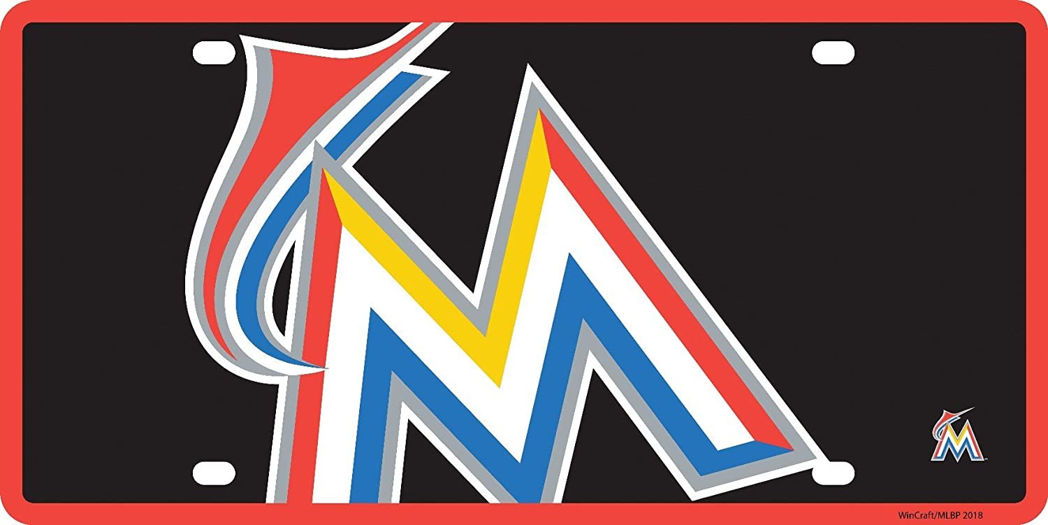 Miami Marlins Premium Laser Cut Tag License Plate, Mega Logo, Mirrored Acrylic Inlaid, 6x12 Inch