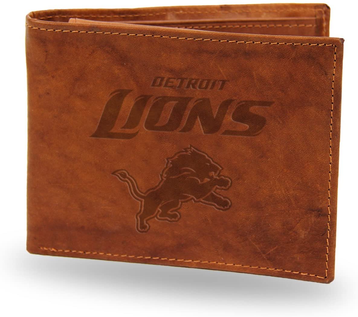 Detroit Lions Premium Brown Leather Wallet, Bifold Billfold, Embossed Laser Engraved