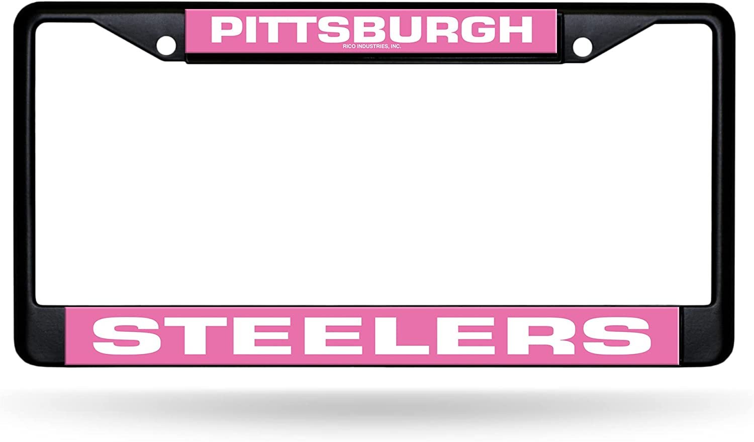 Pittsburgh Steelers Black Metal License Plate Frame Chrome Tag Cover Pink Inserts 6x12 Inch