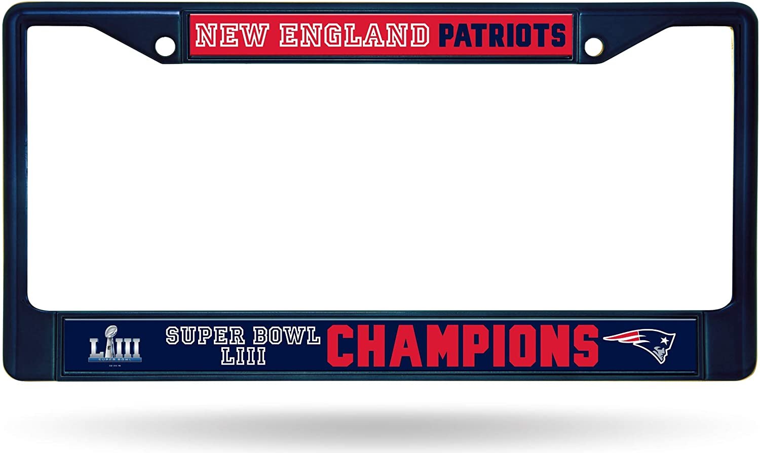 New England Patriots Super Bowl LIII Champions Blue Metal License Plate Frame Chrome Tag Cover, 12x6 Inch