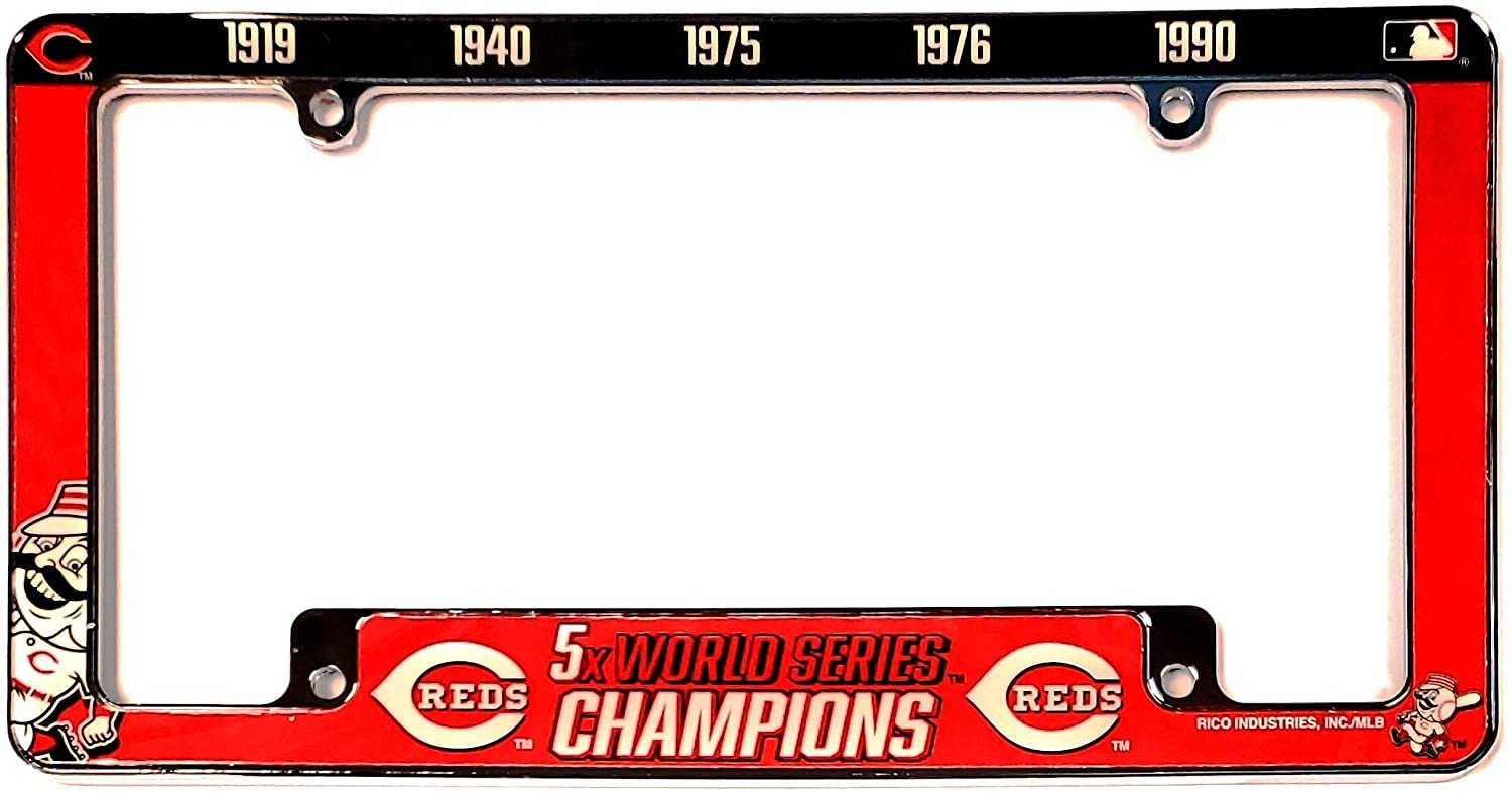 Cincinnati Reds 5X Time Champions Metal License Plate Frame Chrome Tag Cover, All Over Design, 6x12 Inch