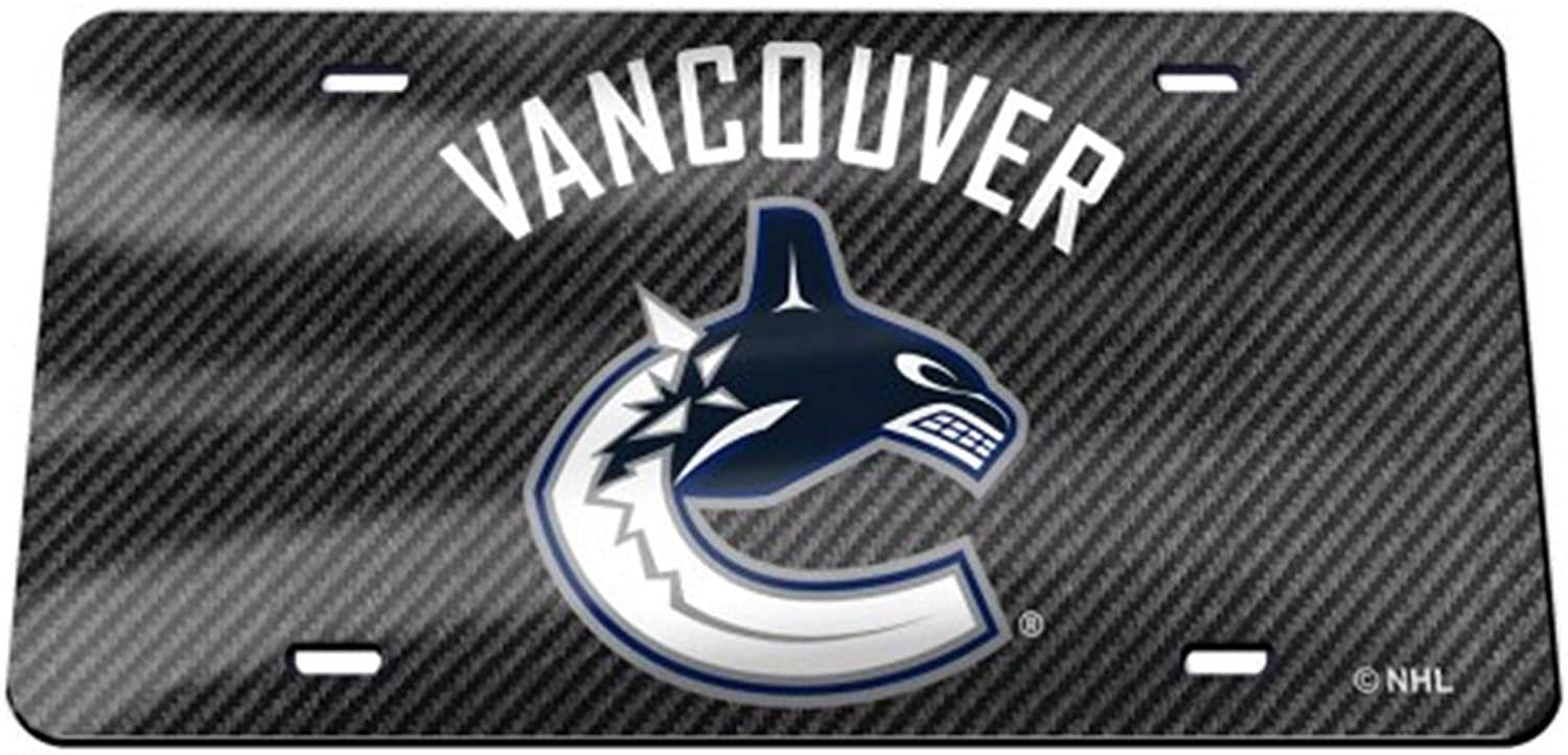 Vancouver Canucks Laser Cut Tag License Plate Mirrored Acrylic Inlaid Carbon Fiber Design 6x12 Inch
