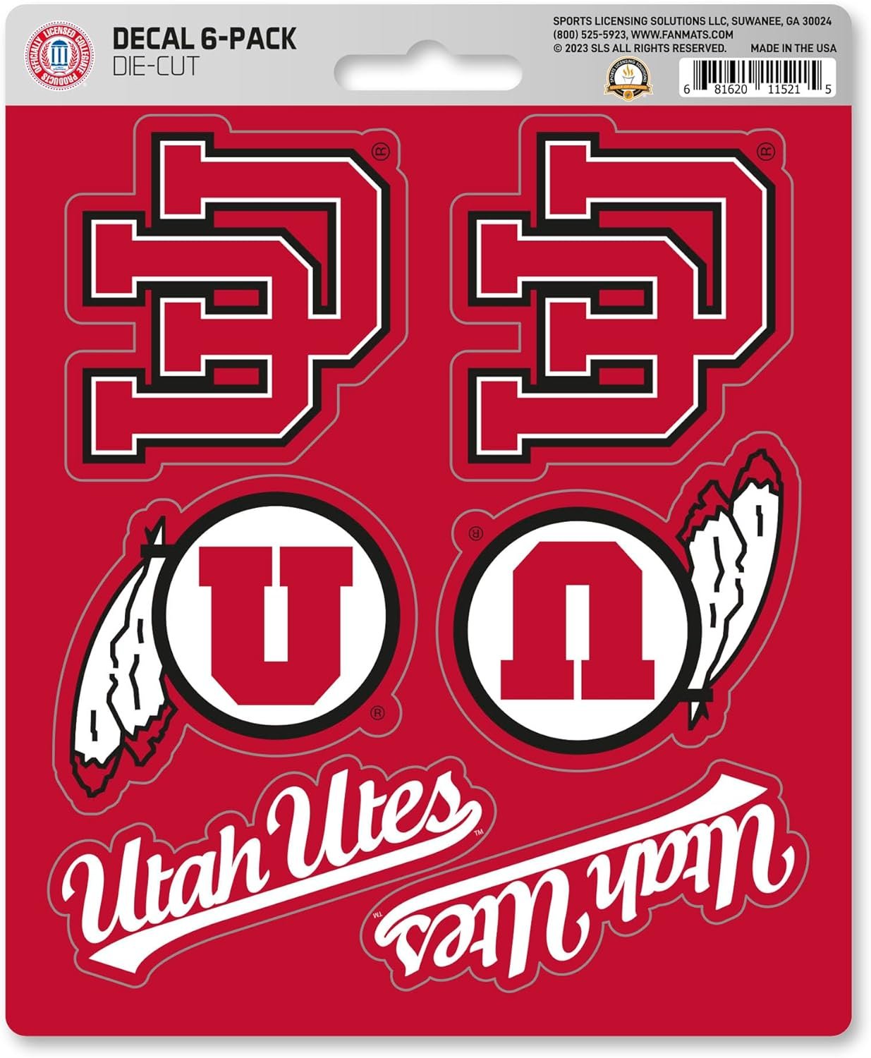 University of Utah Utes 6-Piece Decal Sticker Set, 5x6 Inch Sheet, Gift for football fans for any hard surfaces around home, automotive, personal items