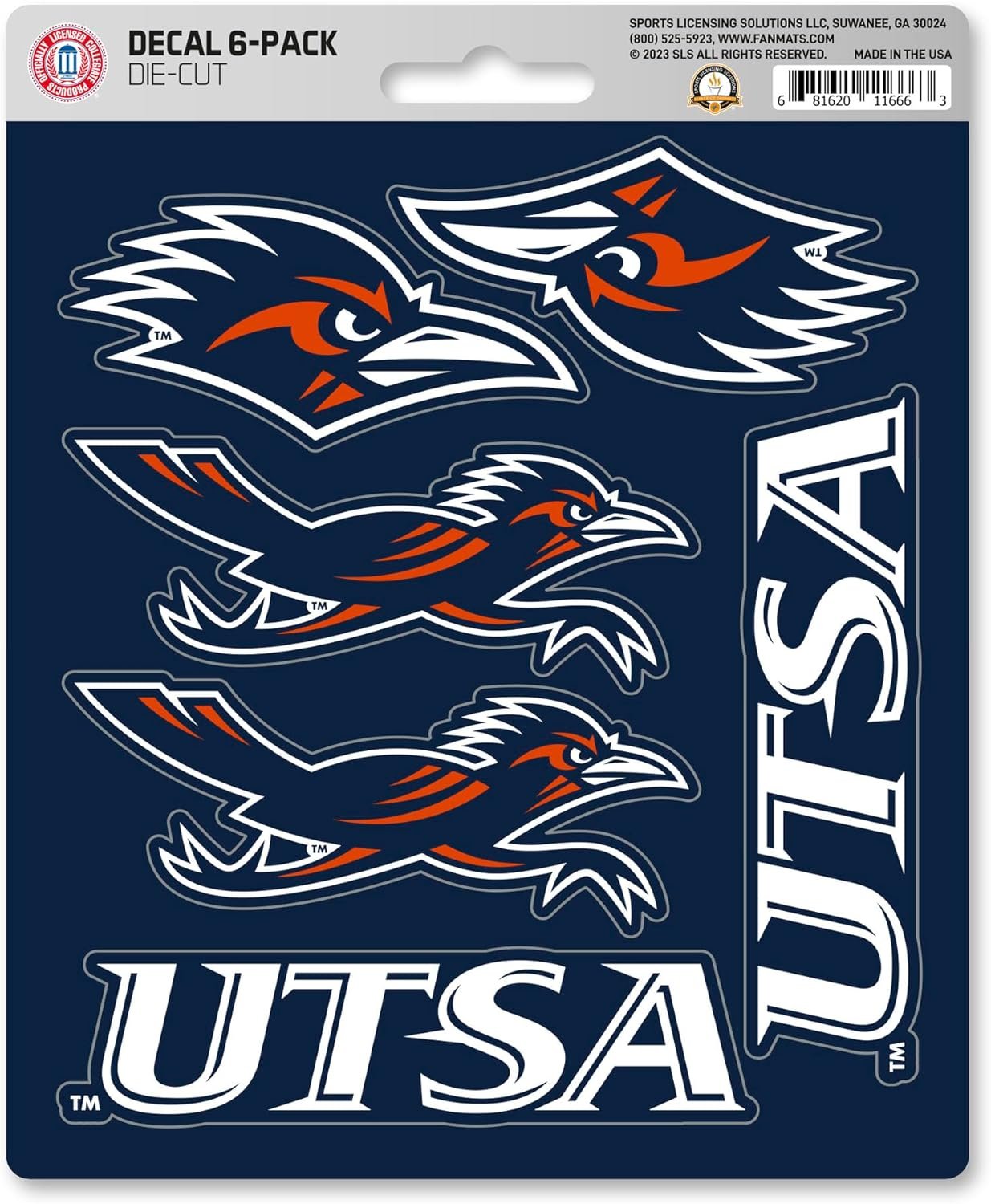 University of Texas San Antonio UTSA Roadrunners 6-Piece Decal Sticker Set, 5x6 Inch Sheet, Gift for football fans for any hard surfaces around home, automotive, personal items