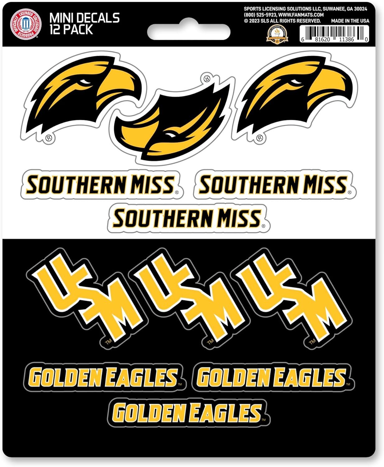University of Southern Mississippi Golden Eagles 12-Piece Mini Decal Sticker Set, 5x6 Inch Sheet, Gift for football fans for any hard surfaces around home, automotive, personal items