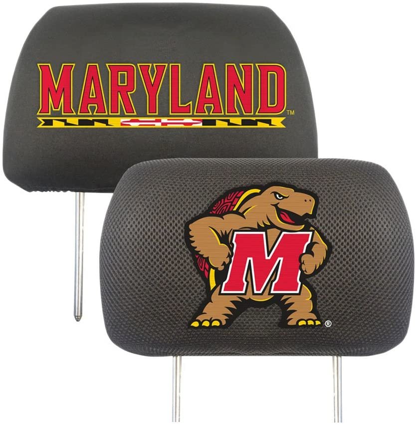 University of Maryland Terrapins Pair of Premium Auto Head Rest Covers, Embroidered, Black Elastic, 14x10 Inch