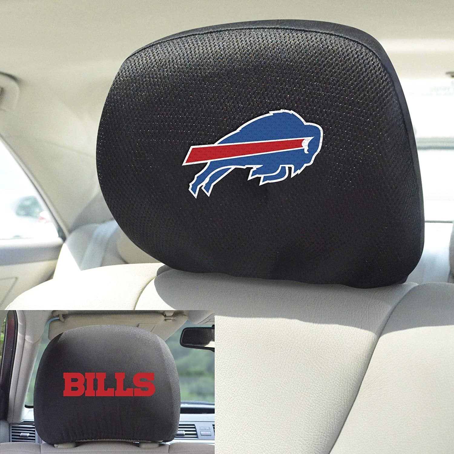 Buffalo Bills Pair of Premium Auto Head Rest Covers, Embroidered, Black Elastic, 14x10 Inch
