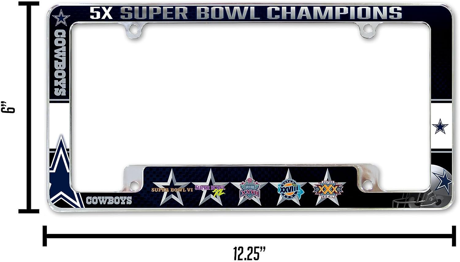 Dallas Cowboys 5-Time Champions Metal License Plate Frame Chrome Tag Cover Alternate Design 6x12 Inch