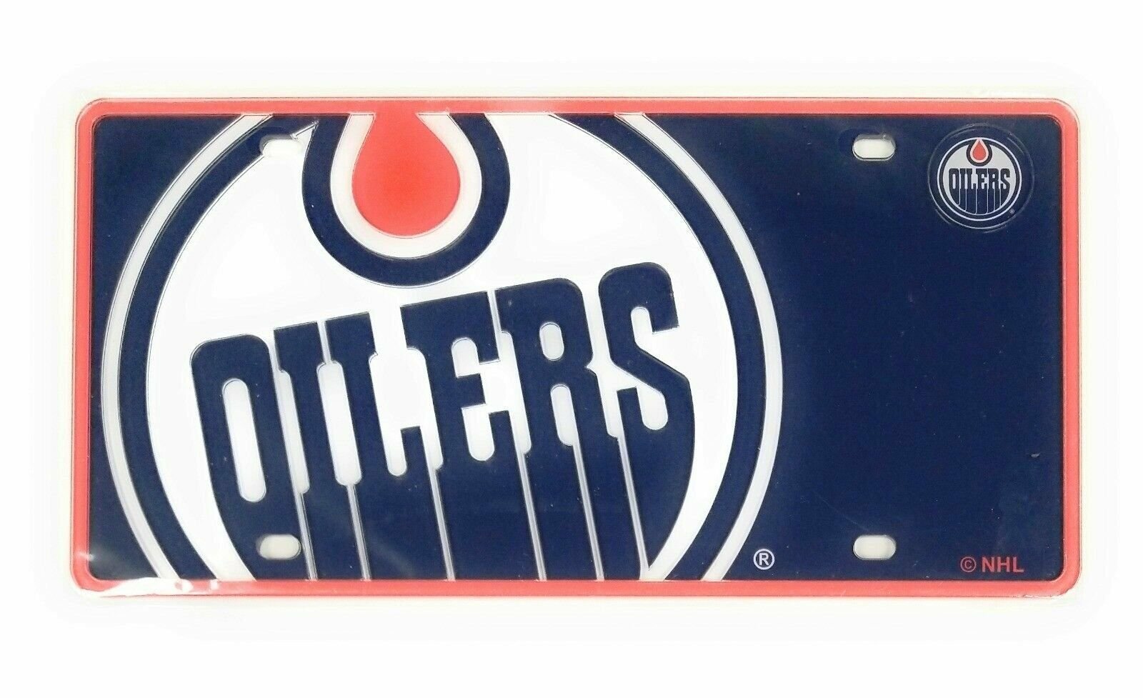 Edmonton Oilers Premium Laser Cut Tag License Plate, Mega Logo, Mirrored Acrylic Inlaid, 12x6 Inch