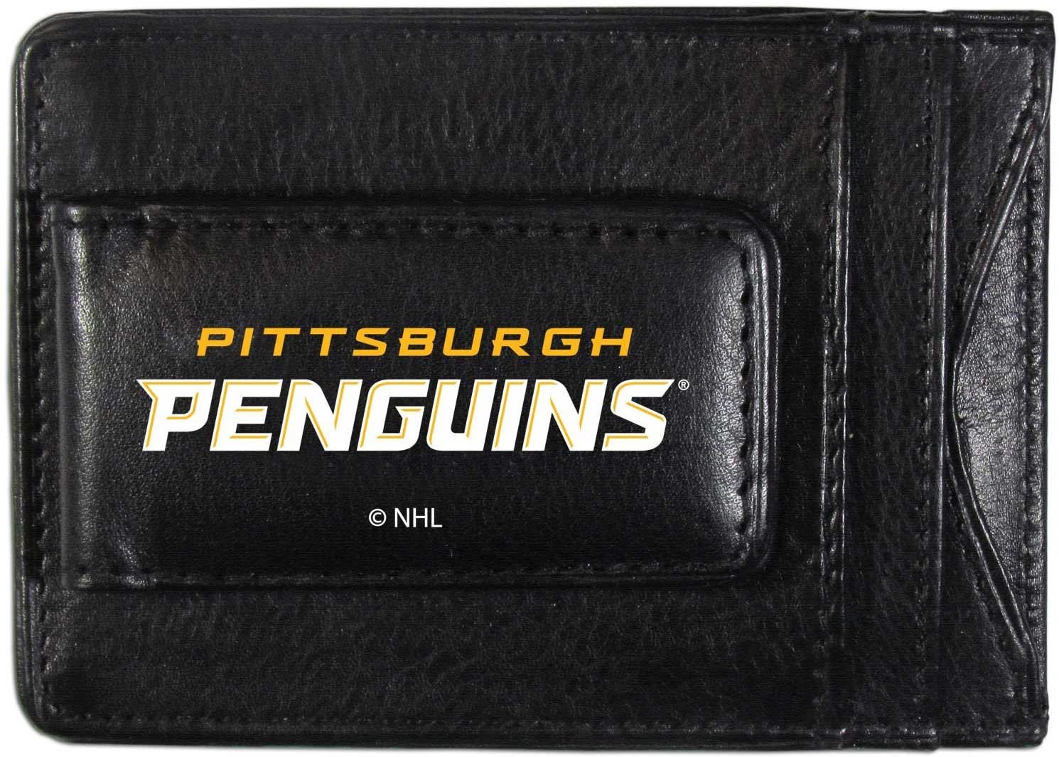 Pittsburgh Penguins Black Leather Wallet, Front Pocket Magnetic Money Clip, Printed Logo