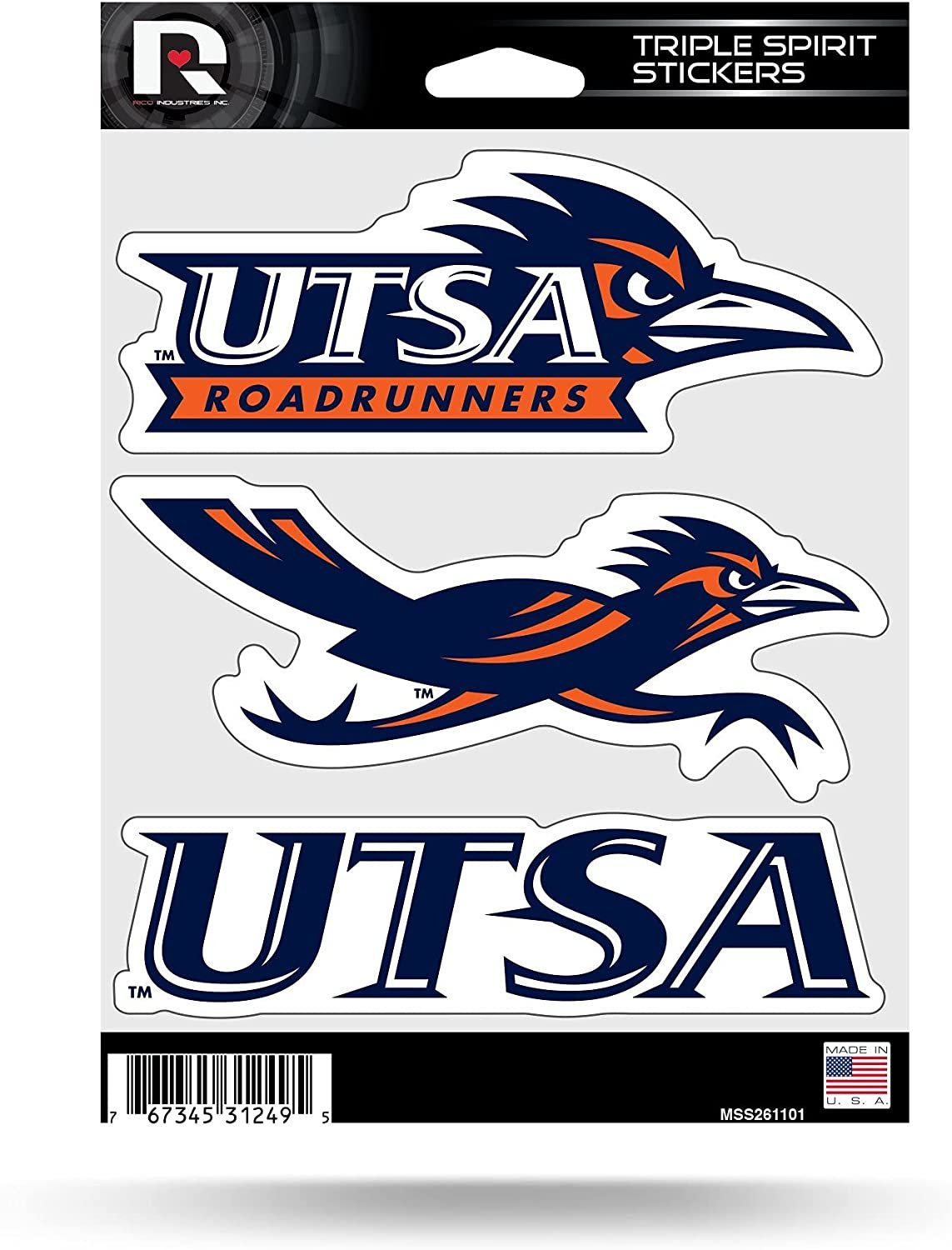 University of Texas San Antonio Roadrunners UTSA 3 Piece Decal Sheet Triple Sticker